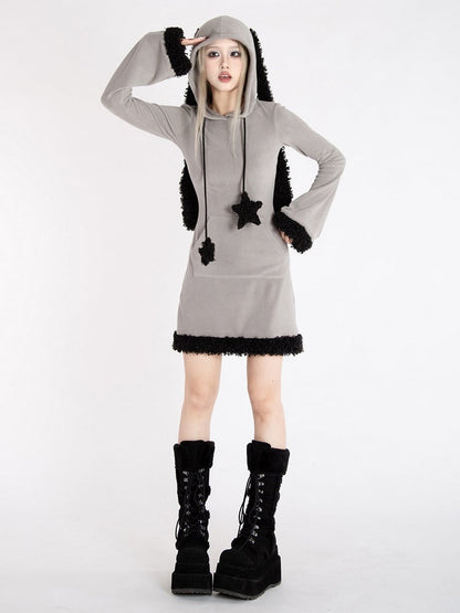 Y2k Gray Bunny Ear Hood Bell Sleeves Plush Trim Dress with Star Straps