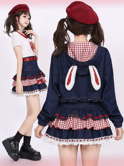 Navy Blue Heart Applique Bunny Ear Hooded Denim Short Jacket Ruffle Hem