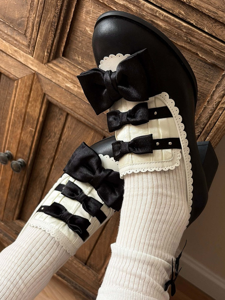 Bow Mid-heel Elegant Shoes Slip-on Lolita Scalloped Hem Accents White Black