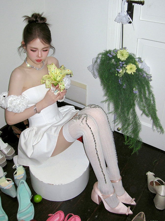 Over-knee Pink/White Rhinestone Floral Decorated Stockings