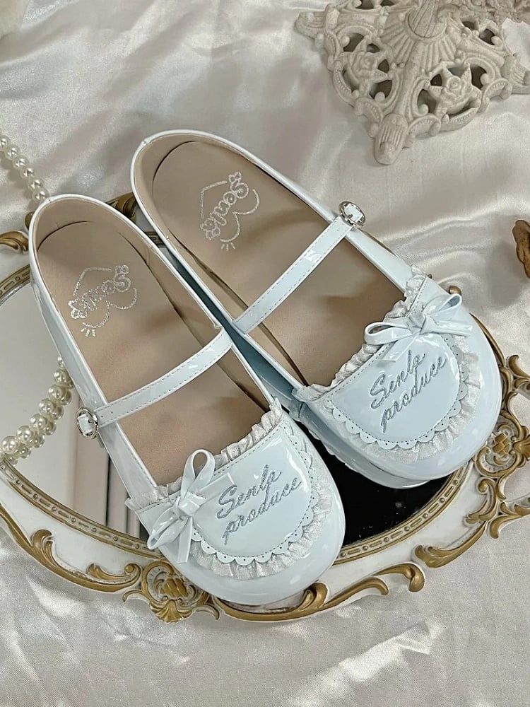 Trim Flats Toe Round PU Ruffles Embroidery Letter Blue Baby Leather