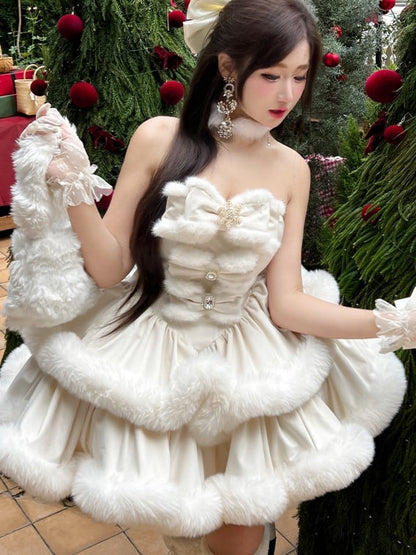 Creamy Snowflake Bows Bodice Plush Trimming Strapless Dress
