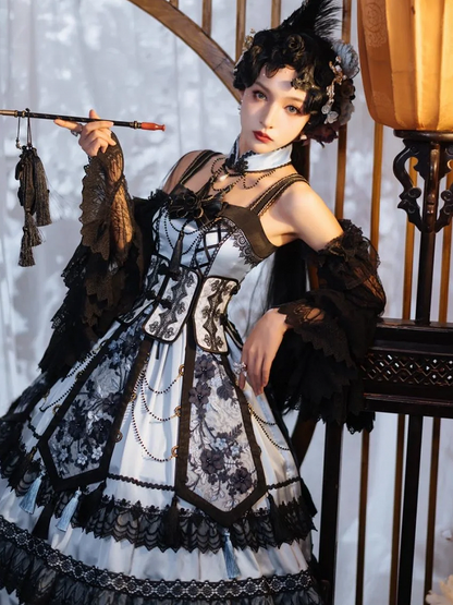 Blue and Black Elegant Chinoiserie Style Dress + Boned Corset Belt + Tassels Overlay Qi Lolita JSK Set