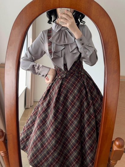 Shirt Elegant with Tie Fitted Satin Gray Jabot Long Sleeves