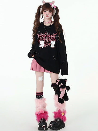 キティプリントのダメージ加工穴あきスイカ柄ルーズセーター