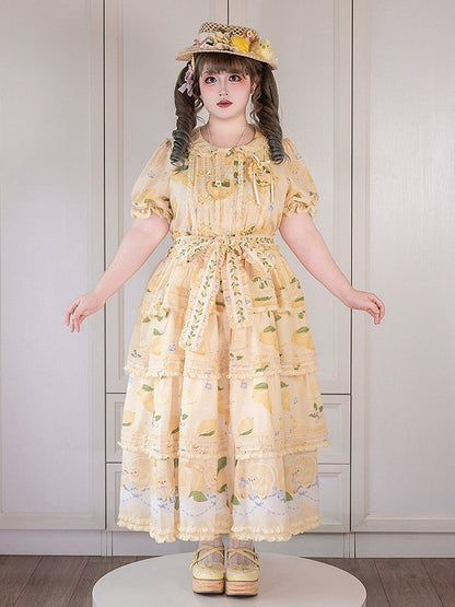 Button Chick Placket Skirt and Lolita Sleeves Short Print Yellow Front Lemon Dress Tiered