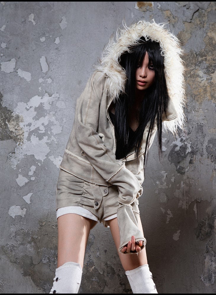 Punk Collar Cotton Fur Grayish Jacket Apricot Distressed Faux with Detachable Hoodie Lining/Regular