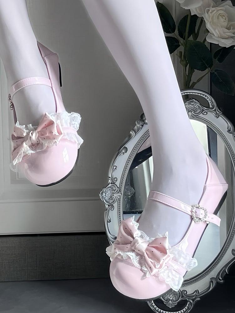 Pink Sweet Lolita Round Toe Flats - Polka Dot Bow with Lace Trim & Crystal Heart Snap