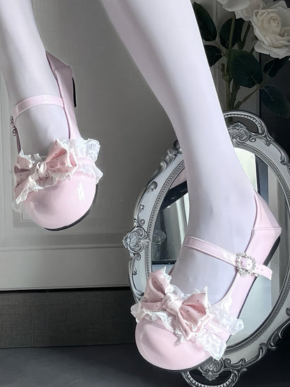 Pink Sweet Lolita Round Toe Flats - Polka Dot Bow with Lace Trim & Crystal Heart Snap