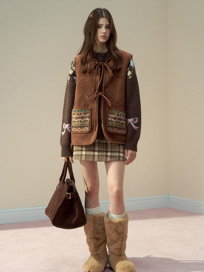 Brown Vintage with Double-Sided Bow Vest Design Pattern Fur Tie