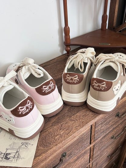 Lace-up Lolita Design with in Print Pink Paw Closure Platform Velcro Sweet Removable Sneakers