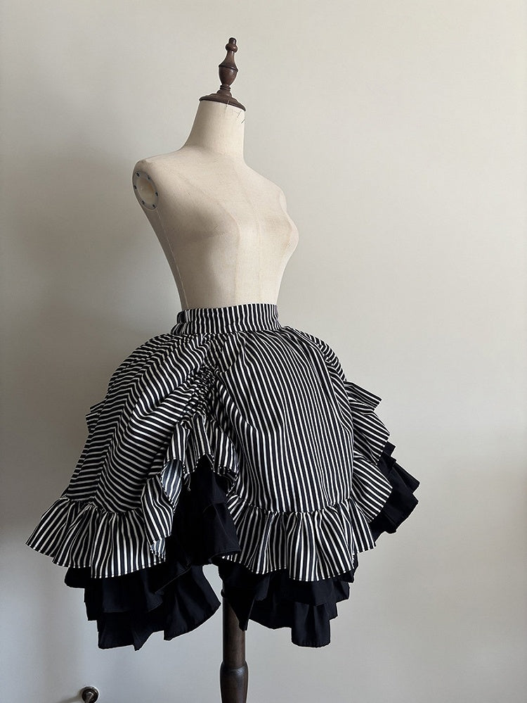 Black White Striped Gothic Lolita Layered Drawstring Skirt - Flower Fairy Daily
