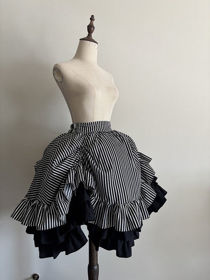 Black White Striped Gothic Lolita Layered Drawstring Skirt - Flower Fairy Daily