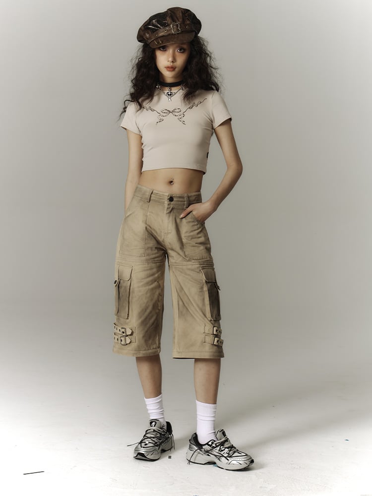 Punk Convertible Cargo Washed Capris Multi-Pockets Fashion Yellow Millard Pants with