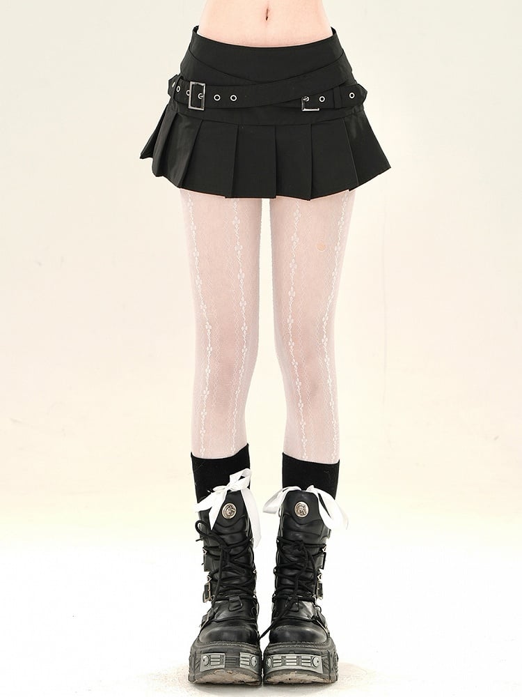 Criss-cross Mini Skirt Black Straps Buckle Pleated