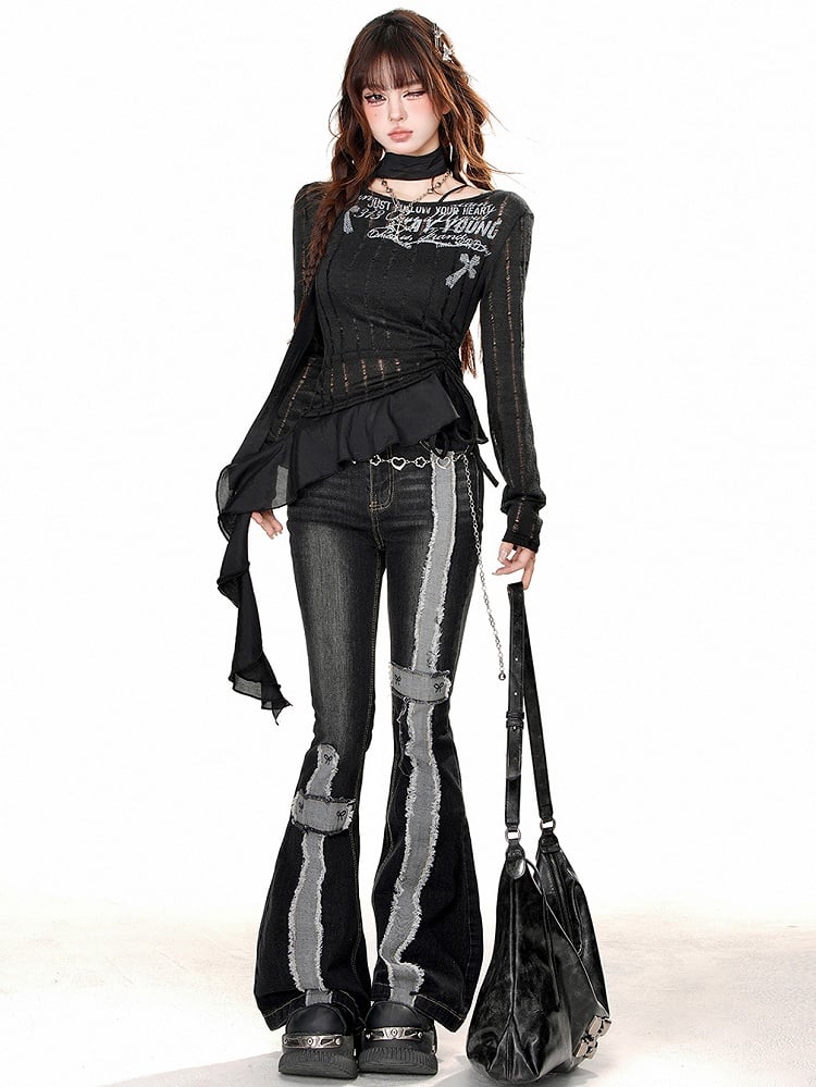 Black/Apricot Drawstring Waist Slim Fit Top with Asymmetrical Ruffle Hem