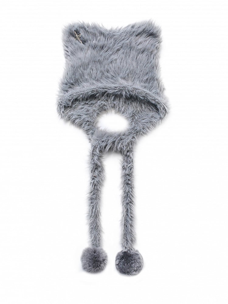 Cozy Gray Furry Cat Ear Hat with Pom-Pom Straps