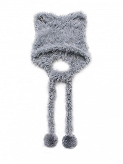 Cozy Gray Furry Cat Ear Hat with Pom-Pom Straps