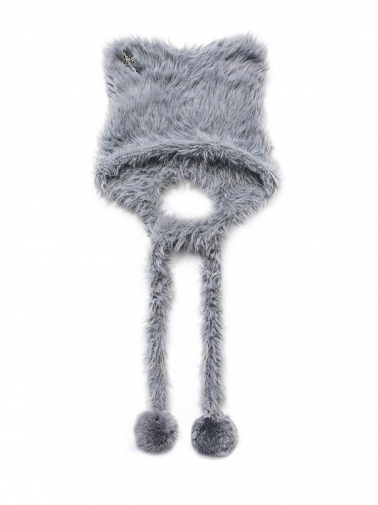 Cozy Gray Furry Cat Ear Hat with Pom-Pom Straps