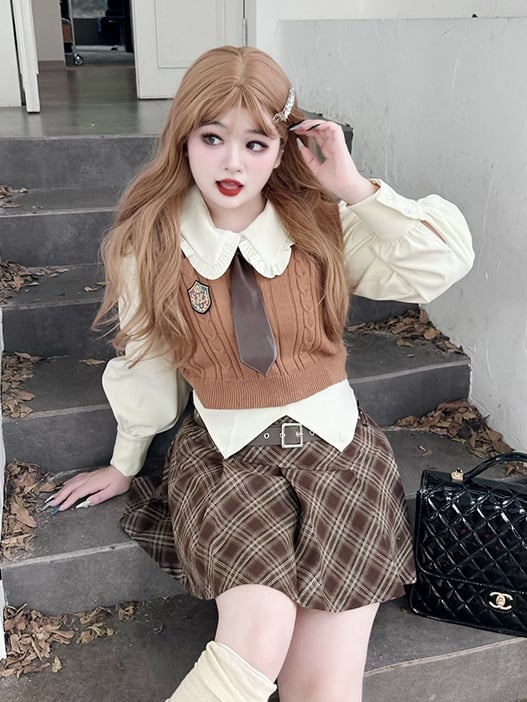 Plus Size Plaid White Skirt Brown / Shirt Pleated Preppy