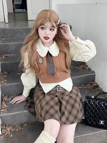 Plus Size Plaid White Skirt Brown / Shirt Pleated Preppy