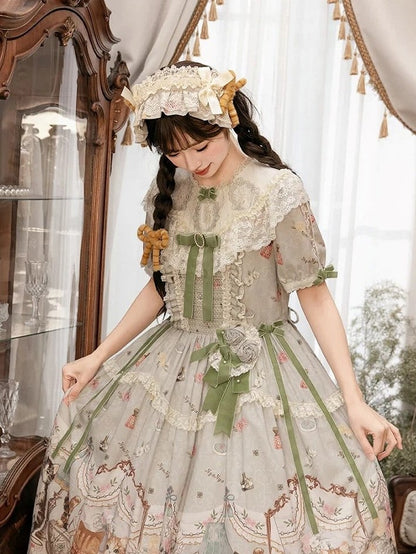 Beige/Green Lace Ruffled Sweet Lolita Hairband with Plush Bows - NyaNya