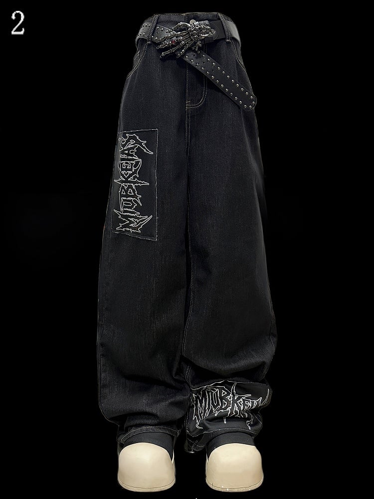 ダークカットアップリケレタージーンズブルーストレートレッグ