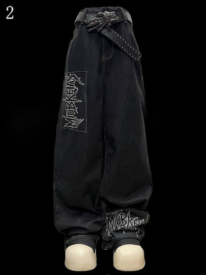 ダークカットアップリケレタージーンズブルーストレートレッグ