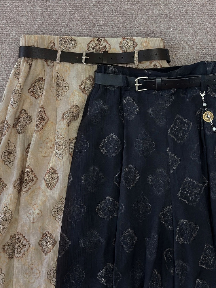 Beige Tang Dynasty Print Lantern Pants Belt Tassel