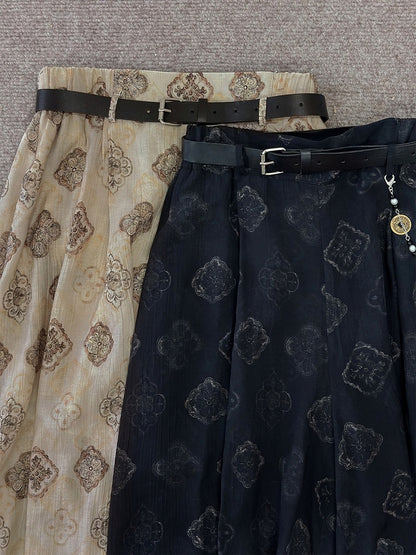 Beige Tang Dynasty Print Lantern Pants Belt Tassel