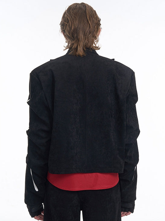 Deconstructed Suede Black Cropped Men’s Sleeve Pleating with Jacket