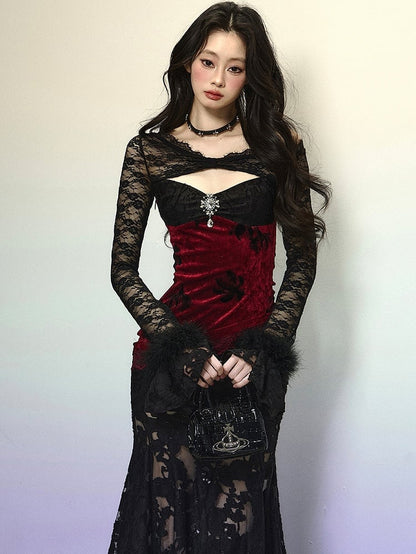 Black Asymmetrical Neckline Red Velvet Patchwork Semi-sheer Mermaid Skirt Dress Evening Gown