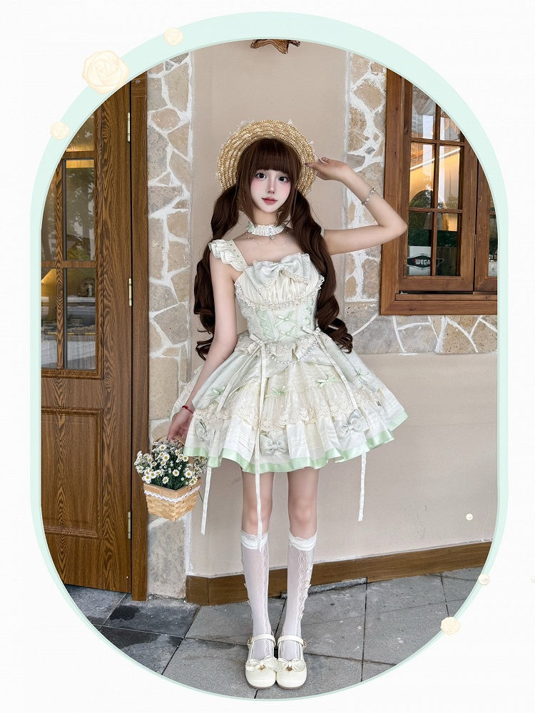 Beads Flutter Sleeves Balletcore Sweet Lolita Jumper Mint Bowknots Skirt and Green Decoration
