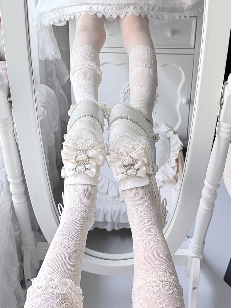 Jirai Kei Pearl Heart Bowknot White Lace Ruffle Shoes - Transfer Student