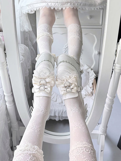 Jirai Kei Pearl Heart Bowknot White Lace Ruffle Shoes - Transfer Student
