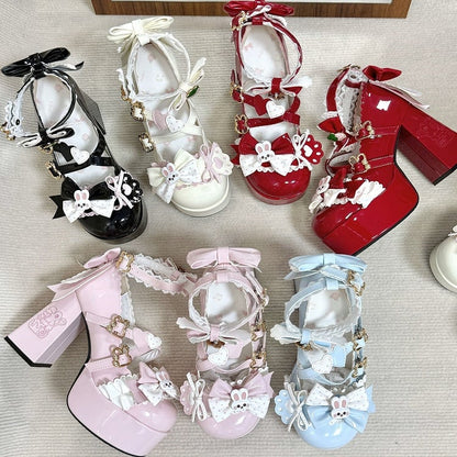 High-heel Bunny Decor Jane Bows with Mary Bunny/Strawberry Fastener Shoes Blue Light Sweet Lolita