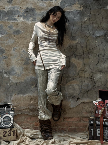 ヴィンテージパンククロスアプリコットルーシュトップジップヘム