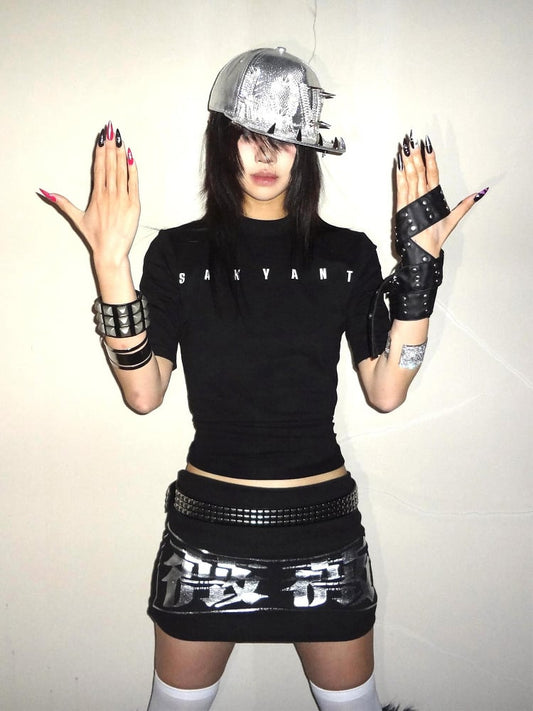 Letter Black Slim-fitting T-Shirt Print with