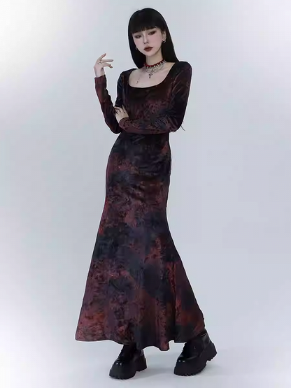 Black & Red Tie Dye Mermaid Skirt Velvet Dress