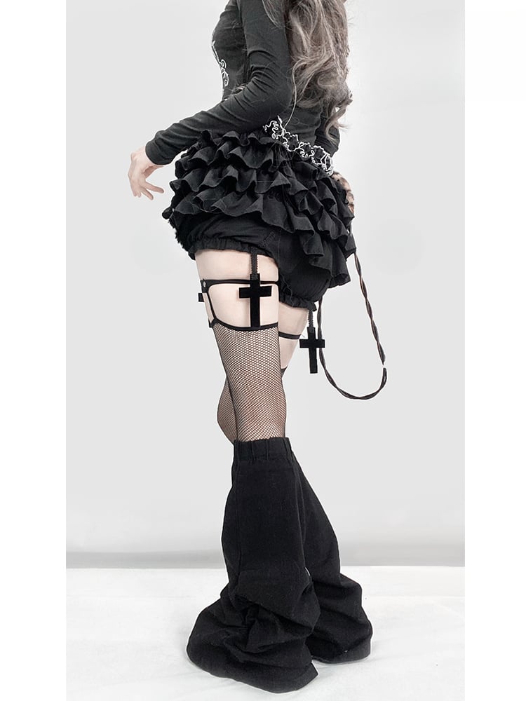 Gothic Black Y2K High Waist Cross Thigh length Glamorous Lined Tiered  Skort