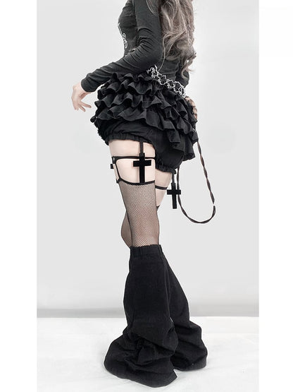 Gothic Black Y2K High Waist Cross Thigh length Glamorous Lined Tiered  Skort