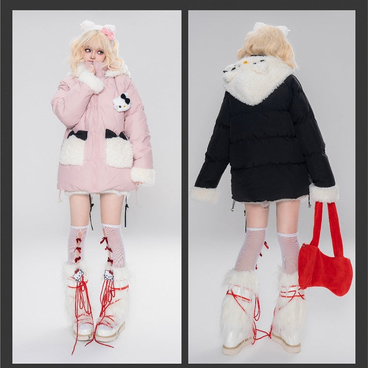 Rosa/schwarze Pufferjacke mit Kapuze und Plüschbündchen mit Kätzchen-Verzierung