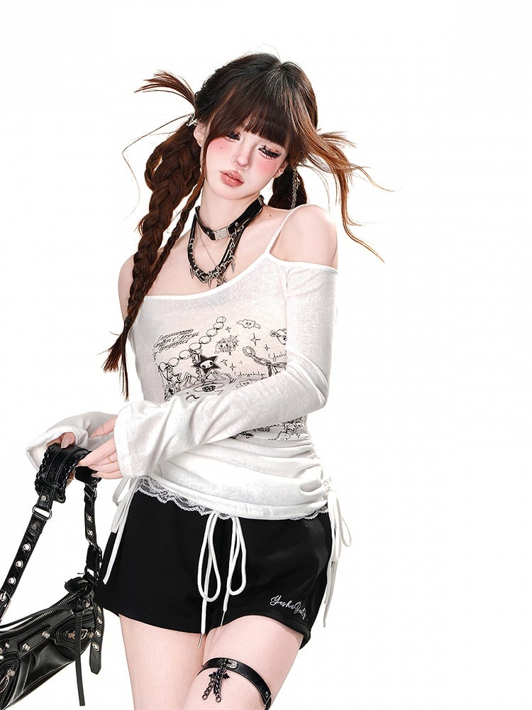 Shorts mit Kordelzug, Mini-Taillenbesatz, Spitze, lässig, weites Bein, Schwarz