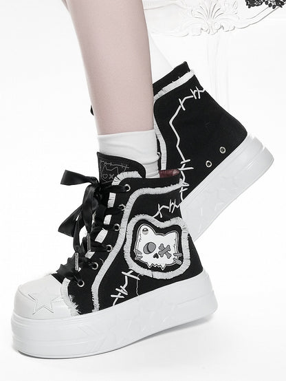 Black Platform Top High Otaku Patches Sneakers Cat - Canvas