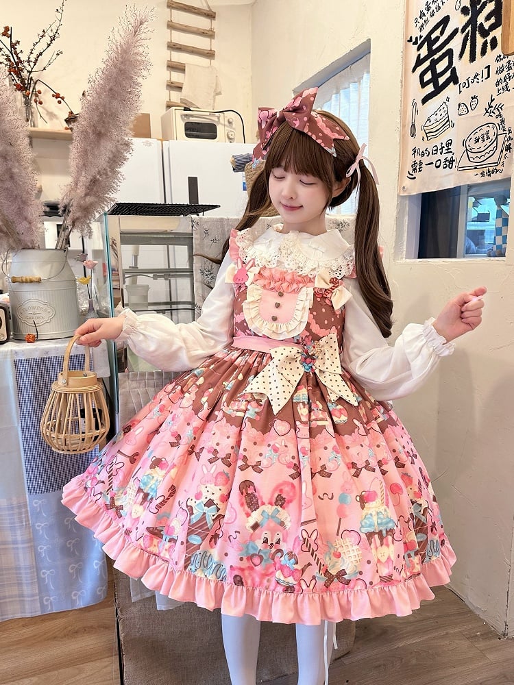 und Taille Rosa Süßes Lolita Bunny Kleid mit hohem Aufdruck Dessert