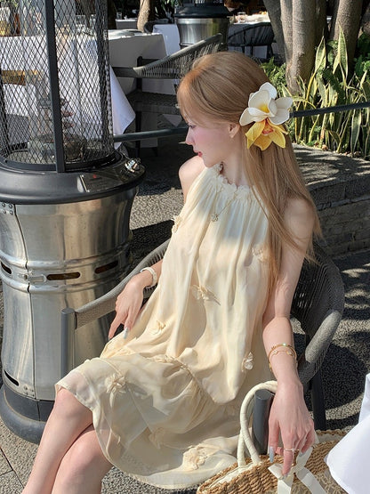 Milk Yellow Halter Dress with Floral Accents - Qchiwawameme