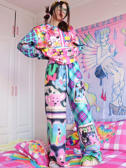 Hosen und Schlaghose Buchstaben Cartoon Muster Silhouette Y2K bunt kariert Print