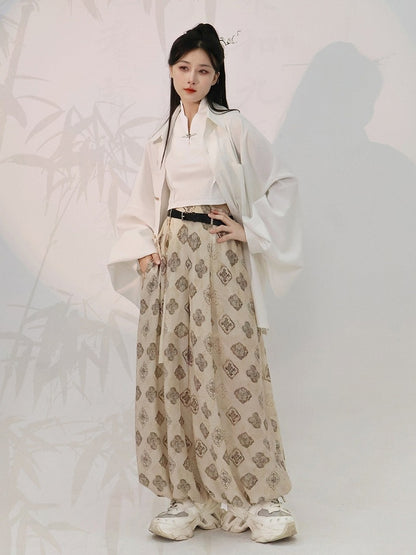 Beige Tang Dynasty Print Lantern Pants Belt Tassel