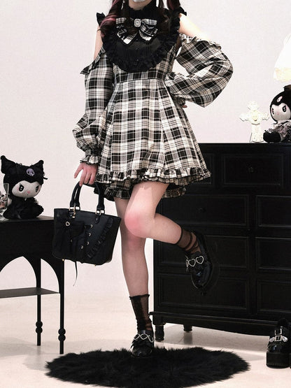 + 3-in-1 Set: Design Jirai Convertible Beige Kei Shorts Sleeve Black | Dress Plaid