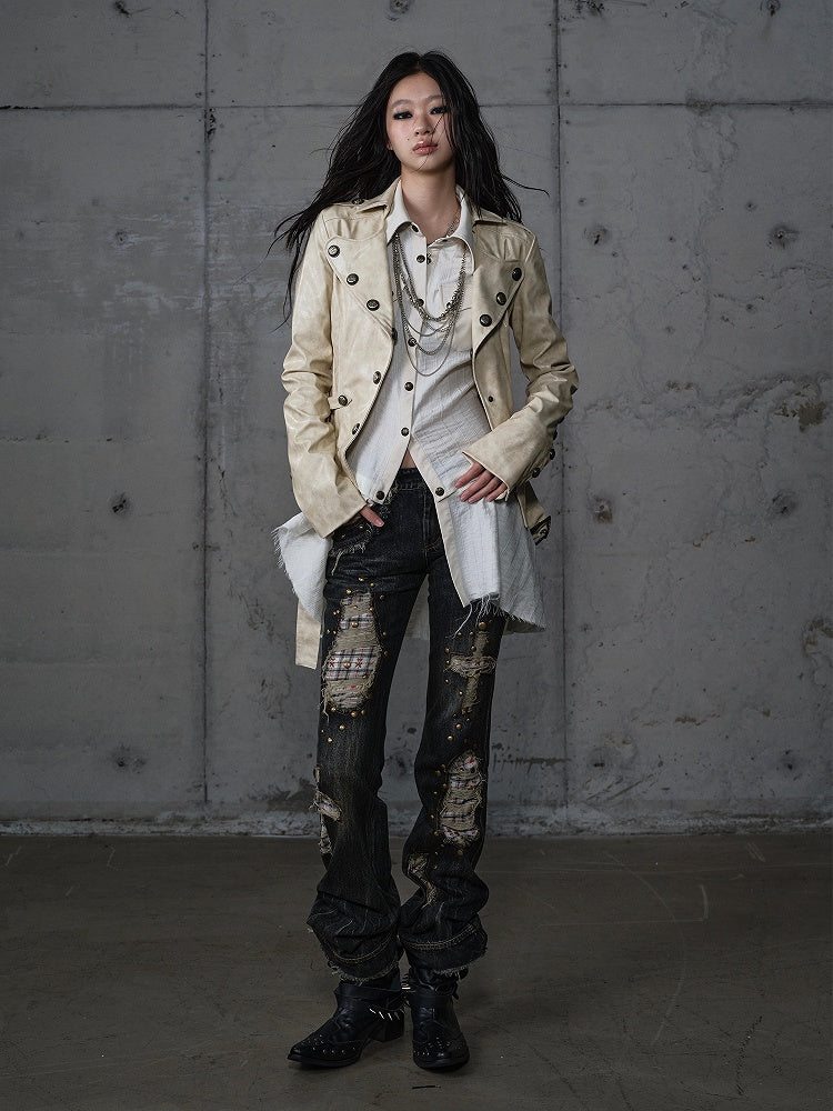 Karierte Distressed Patches Jeans Saum Punk mit ausgefranstem Black Wash Cross